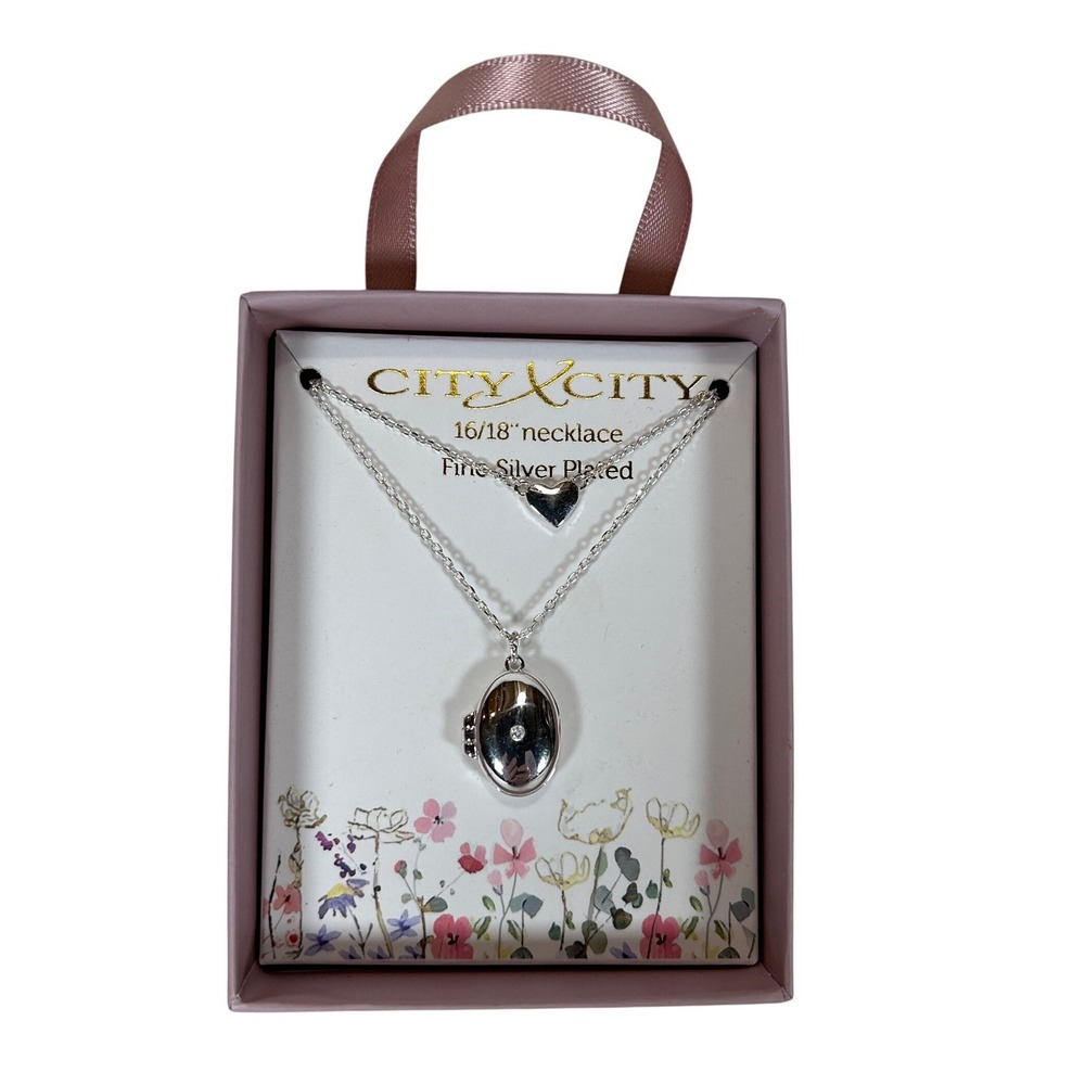 City by City Fine Silver Plated Layered Heart and Oval Locket Necklace 16/18"